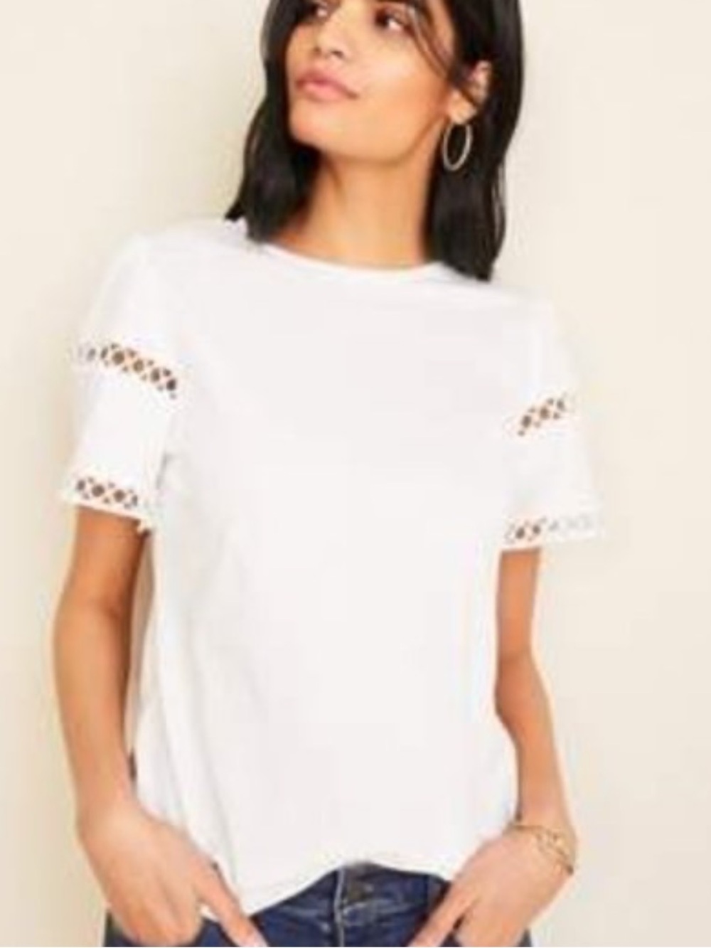 Ann Taylor White 100%Cotton Short Sleeve Tee with Eyelet Trim